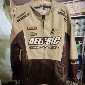 Aelfric Eden Oversized Racing Faux Leather Jacket Patches Tan And Brown L